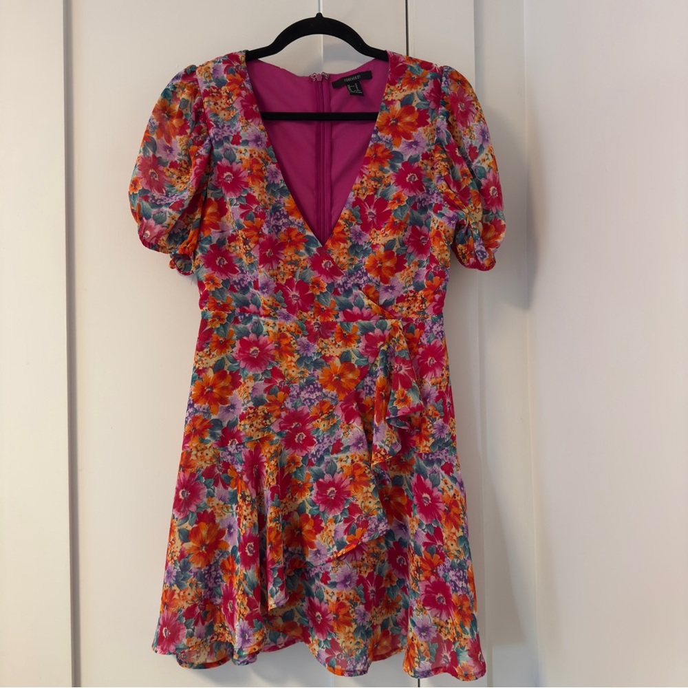 Forever 21 Floral Wrap Mini Dress - Bright Pink & Orange